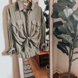 Sage Tie-Waist Long Sleeve Button Down Blouse